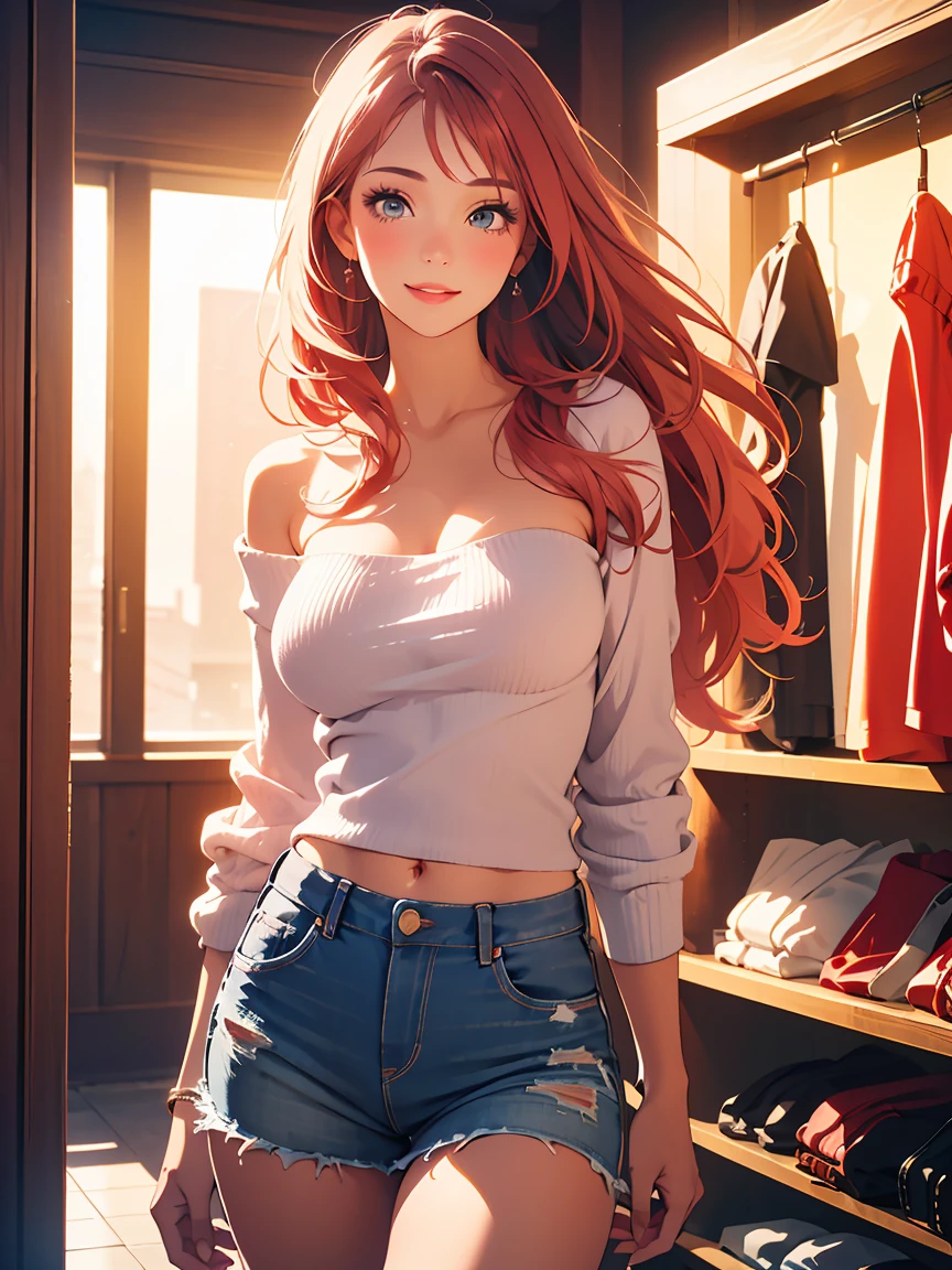 (best quality, ultra-detailed, photorealistic: 1.39), Face of naughty 1 teenager, Girl in love with big breasts, bright and vibrant colors, studio lighting, romantic expression, beautiful detailed beautiful denim skirt, short long-sleeved sweater, strapless, elegant makeup, long pink hair flowing in the wind, attractive eyes, lips bright, sexy pose, beautiful roses, smiling confidently and seductively, posing for a professional photo shoot, shallow depth of field, soft natural lighting, creating a romantic and magical atmosphere. In the clothing store, beautiful park