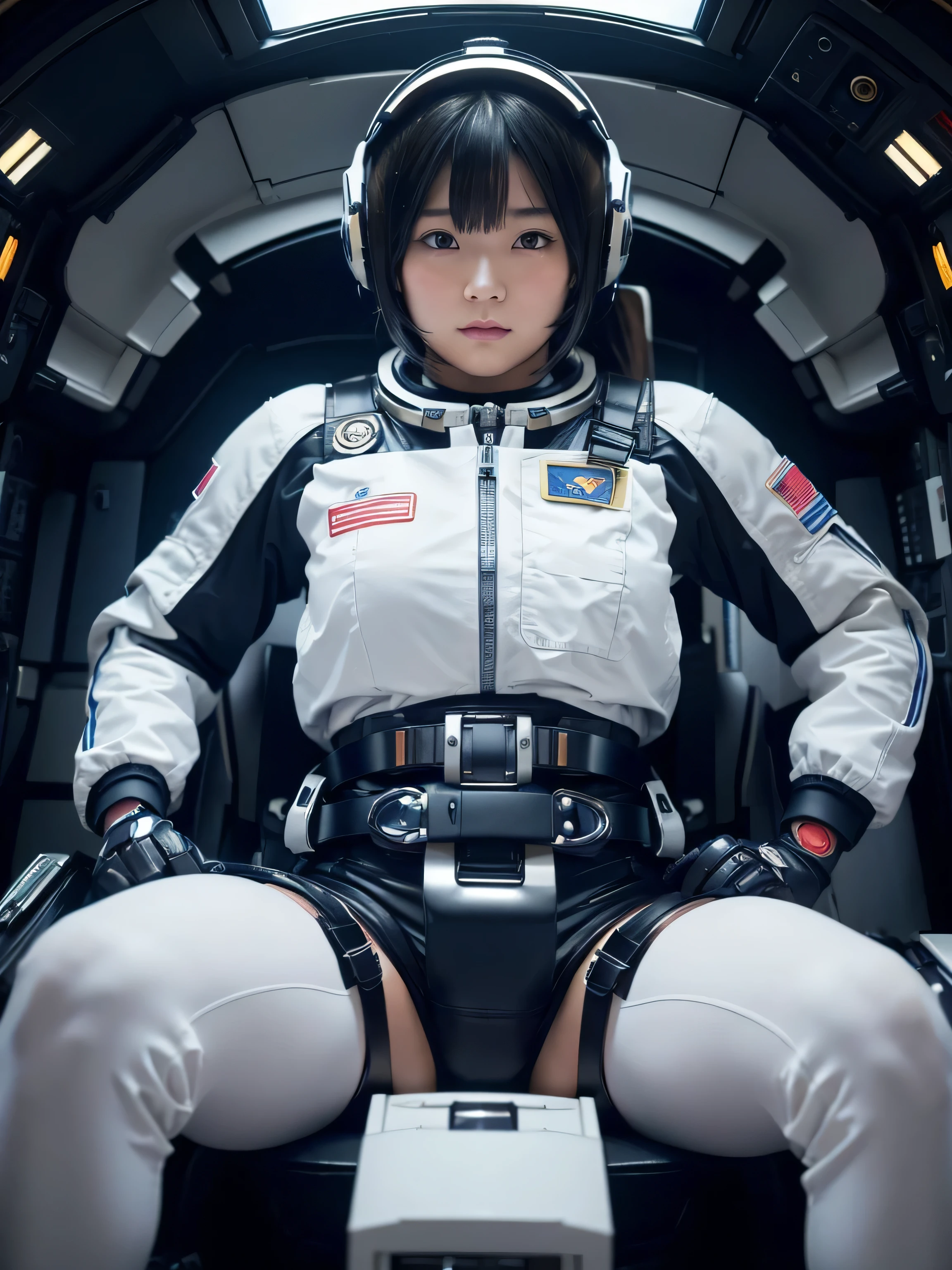 masterpiece, Highest quality, Very detailed, Japanese Android girl, Beautiful 2 Japanese woman, Plump,Slightly thicker,Control panel,Android,cyborg,Blunt bangs,Sitting in the cockpit of a spaceship and piloting it,astronaut,Thick harness belt,Full-face helmet,A tube is connected to his groin