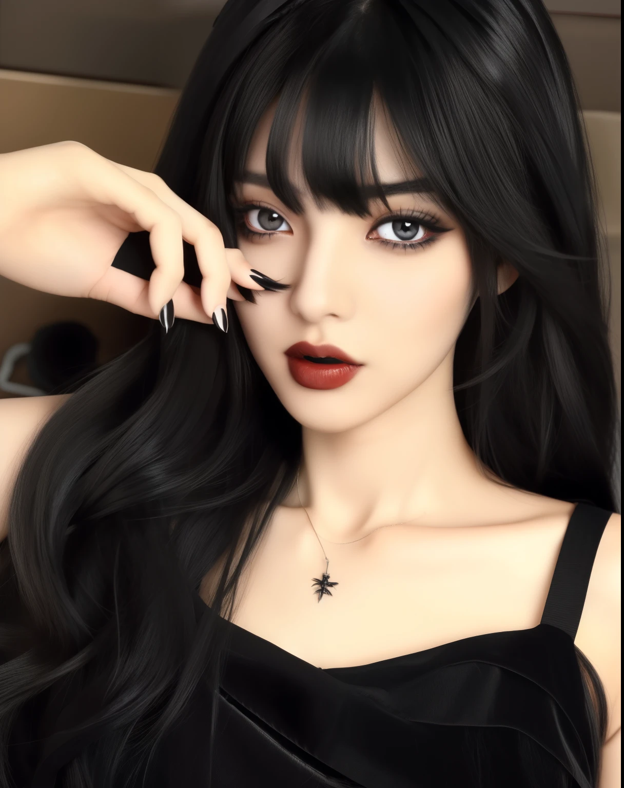 A woman with long black hair and a black dress, Brutal Korean Goth Girl, Best Face, He has black hair with bangs, With long hair and sharp eyes, Long black hair with bangs, long black hair with bangs, pale goth beauty, Hair black bangs hair, Black Hime Hair Cut, The aesthetics of a goth girl, Black hair and big eyes