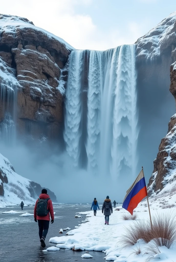 Huge Waterfall in snow in the sea.and tourists.and red,blue,yellow armenian flag on the floor with dirty brown stains