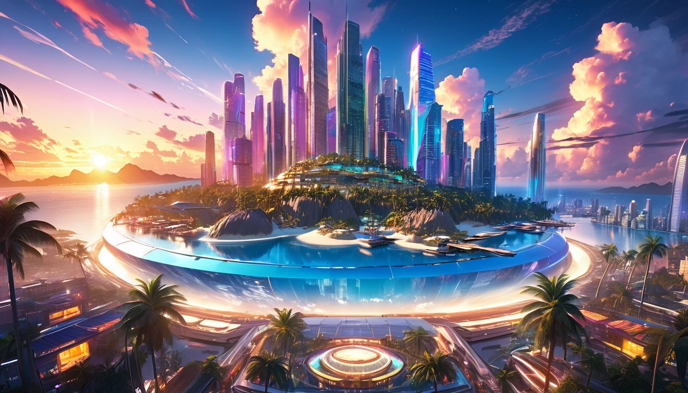 cinematic night scene, beautiful tropical city skyline, anime style, dramatic lighting, vibrant colors, neon lights, skyscrapers, palm trees, floating islands, futuristic architecture, stunning sunset, long exposure, (best quality,4k,8k,highres,masterpiece:1.2),ultra-detailed,(realistic,photorealistic,photo-realistic:1.37)