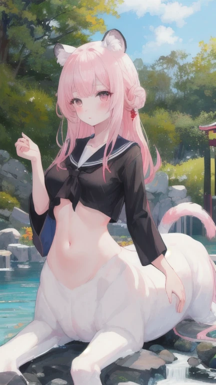 (best quality, masterpiece), 1 girl, centaur, I beg, White skin, Japanese schoolgirl,daughter,black pink, exposing the abdomen, belly button t-shirt , beautiful girl perfect, White tiger photo, Perfect hot spring photo