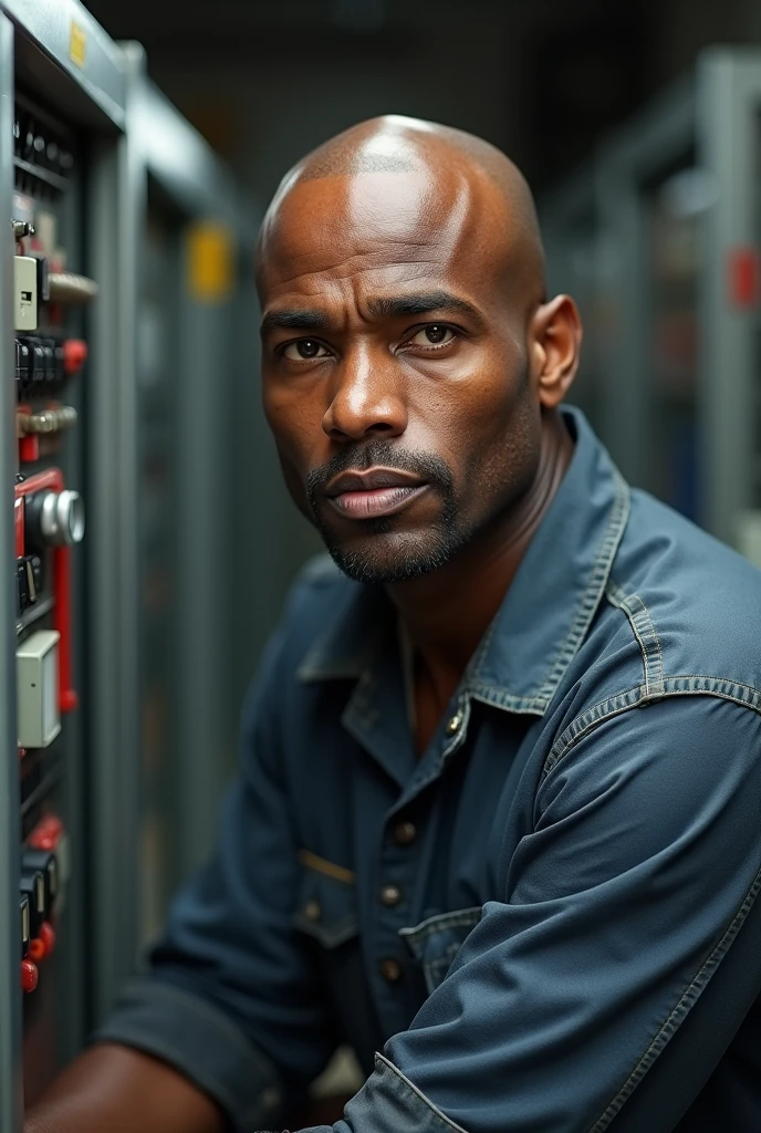 Bald, dark-skinned gentleman, refrigeration technician 
