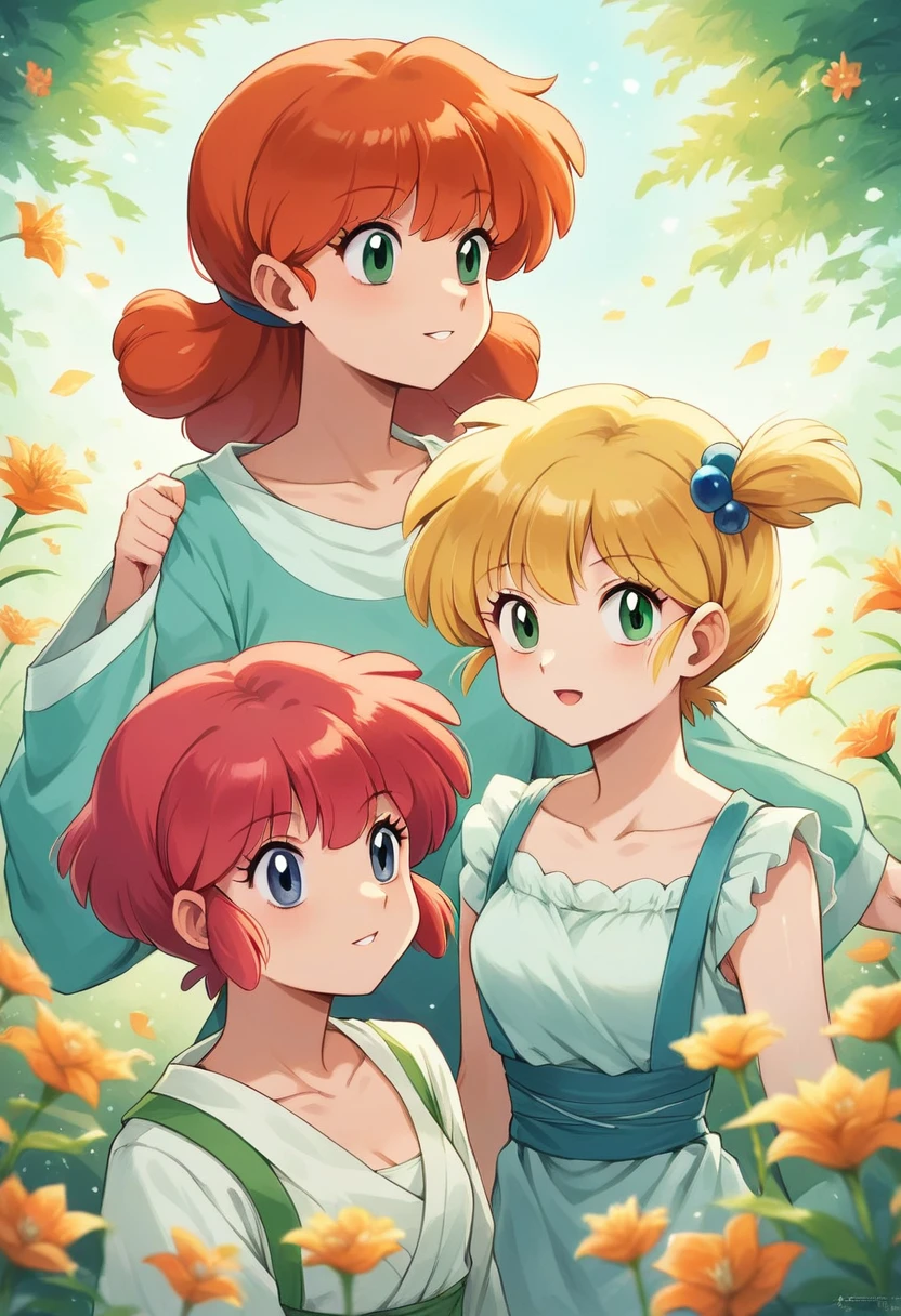 (Misty_Pokemon)
(Berry Short,Orange Hair,one side up hair,Big green eyes,Small breasts,Skinny) with your three sisters in a beautiful field of flowers, art style Ranma 1/2 .Pokémon , sisters , Lily ( blonde hair, green eyes, flower decorating her hair, mole near her right eye) Violet (long blue hair, red eyes) Daisy (pink hair wavy at the ends, blue eyes)