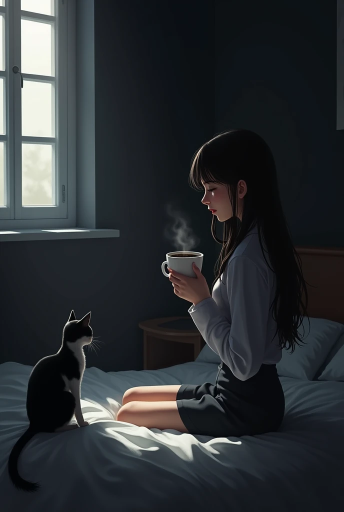 Girl drinking coffee in black bedroom color showing room with cat