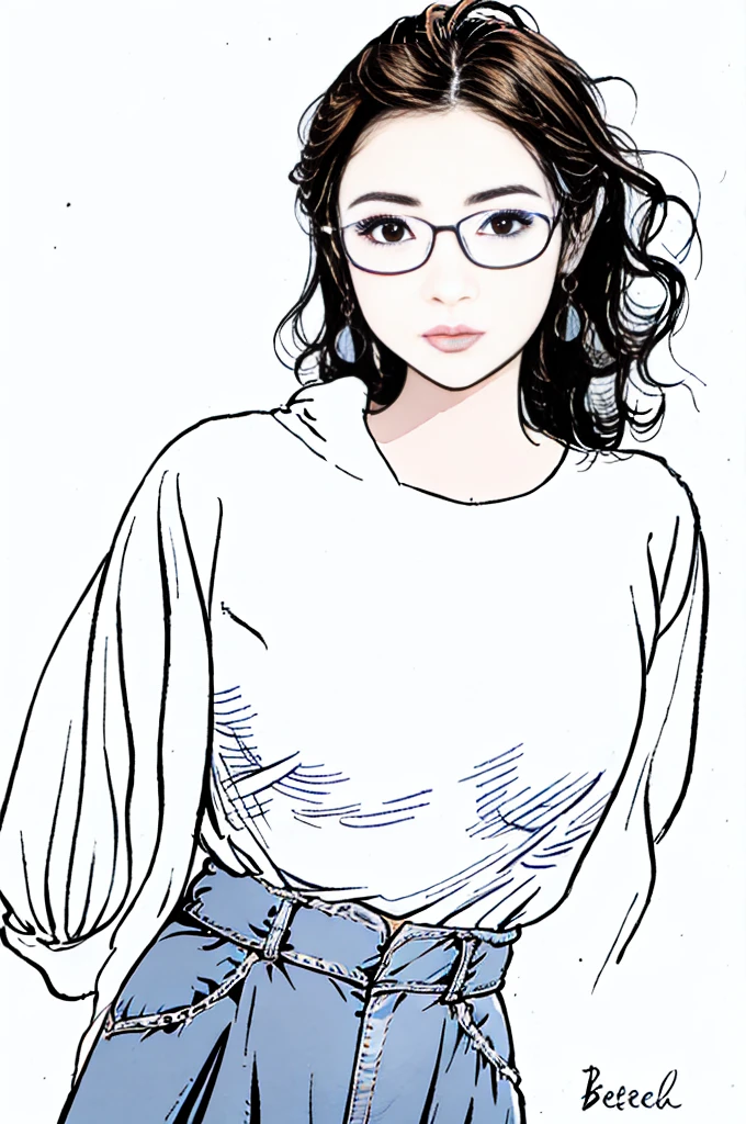 1 female, 30-year-old, alone, thin, slender, small breasts!!!, Loose curly hair, Bedhead, Forehead, thin, slender, (((glasses))), hoodie, Skinny skirt, Are standing, art, Colored pencil drawing, draft, White background, portrait