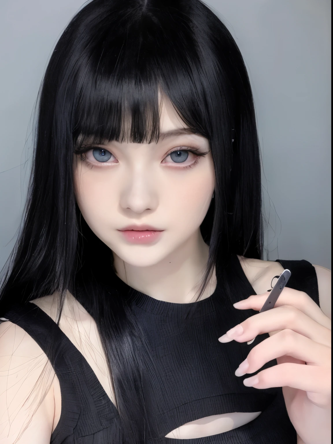 A woman with long black hair is holding a cell phone, Brutal Korean Goth Girl, Black hair and big eyes, 1 anime goth girl, He has black hair with bangs, With long hair and sharp eyes, Animation in reality, pale goth beauty, Sui Ishida with black hair, pale porcelain white skin, A woman with a black bob haircut