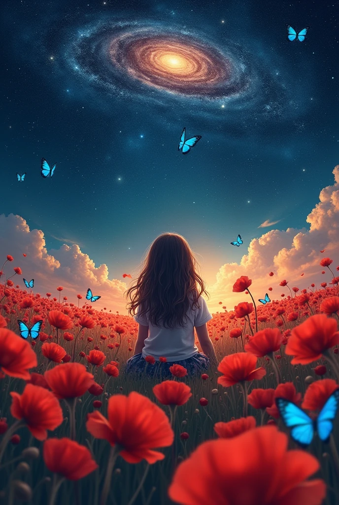 A girl sitting in a very large poppy field surrounded by blue butterflies and a very starry sky in which you can see the galaxies 