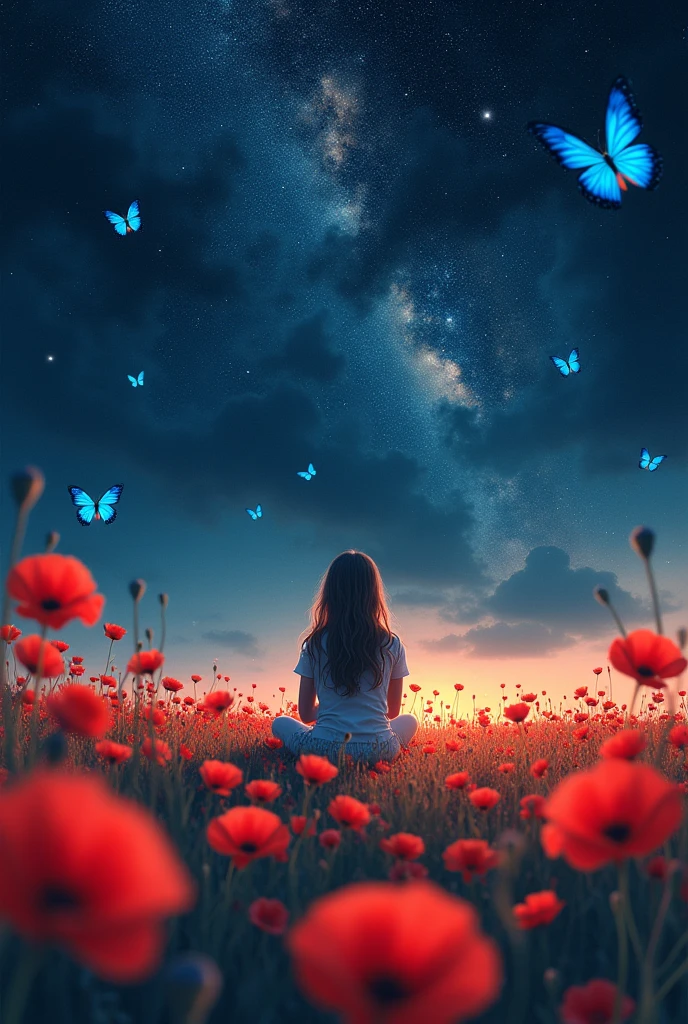 A girl sitting in a very large poppy field surrounded by blue butterflies and a very starry sky in which you can see the galaxies 