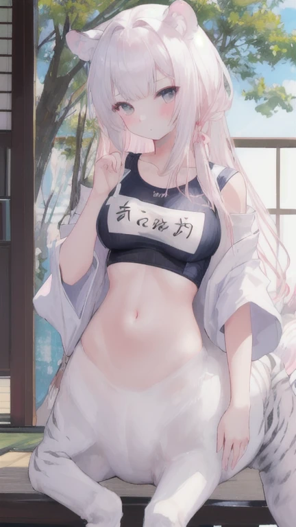 (best quality, masterpiece), 1 girl, centaur, I beg, White skin, Japanese schoolgirl,daughter,black pink, exposing the abdomen, belly button t-shirt , beautiful girl perfect, White tiger photo, Perfect swimsuit pictures