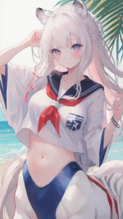 (best quality, masterpiece), 1 girl, centaur, I beg, White skin, Japanese schoolgirl,daughter,black pink, exposing the abdomen, belly button t-shirt , beautiful girl perfect, White tiger photo, Perfect swimsuit pictures