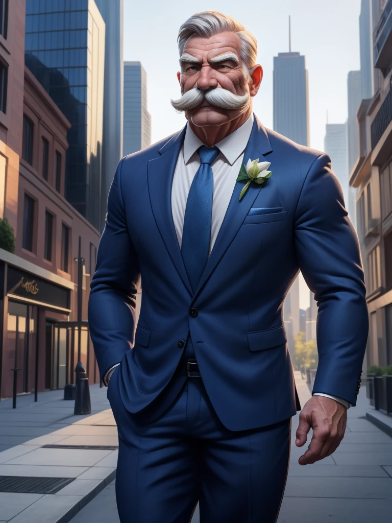 a muscular old man with a thick mustache and beardless, no beards, wearing a suit, necktie, standing in a city background, (best quality,4k,8k,highres,masterpiece:1.2),ultra-detailed,,detailed wrinkles,detailed facial features,detailed texture, half body, halfbody