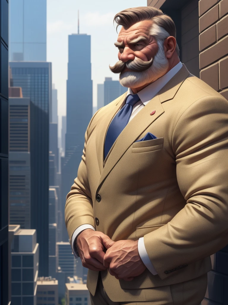 a muscular old man with a thick mustache and beardless, no beards, wearing a suit, necktie, standing in a city background, (best quality,4k,8k,highres,masterpiece:1.2),ultra-detailed,,detailed wrinkles,detailed facial features,detailed texture, half body, halfbody