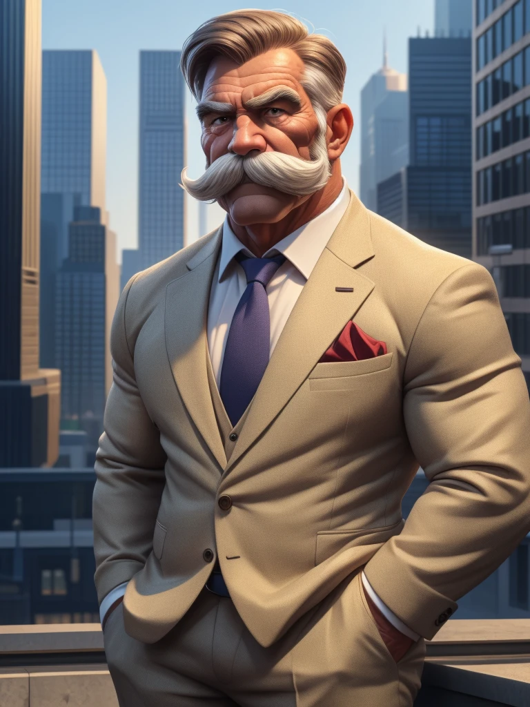 a muscular old man with a thick mustache and beardless, no beards, wearing a suit, necktie, standing in a city background, (best quality,4k,8k,highres,masterpiece:1.2),ultra-detailed,,detailed wrinkles,detailed facial features,detailed texture, half body, halfbody