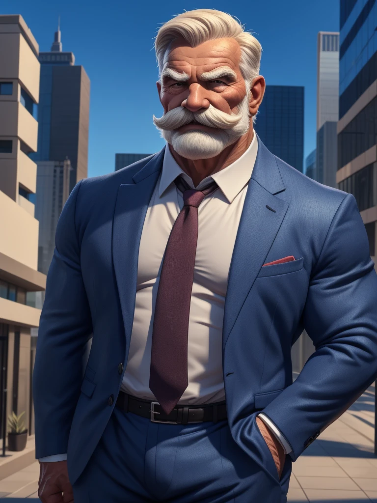 a muscular old man with a thick mustache and beardless, no beards, wearing a suit, necktie, standing in a city background, (best quality,4k,8k,highres,masterpiece:1.2),ultra-detailed,,detailed wrinkles,detailed facial features,detailed texture, half body, halfbody