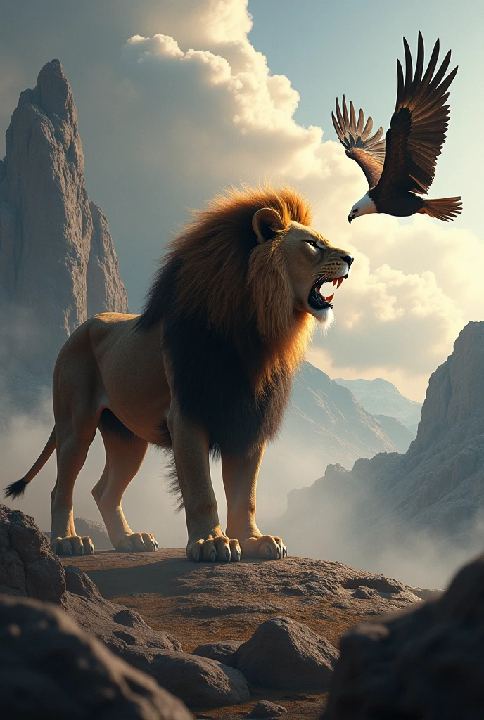 Lion with angry mood and with eagle 