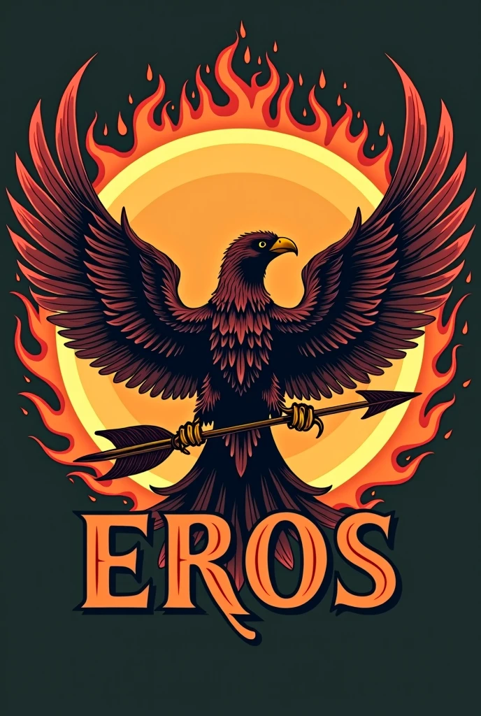 Create a retro logo of a bird with a ring of fire in the back and clutching to an arrow with a color palette red orange brown and gold with the name "eros"