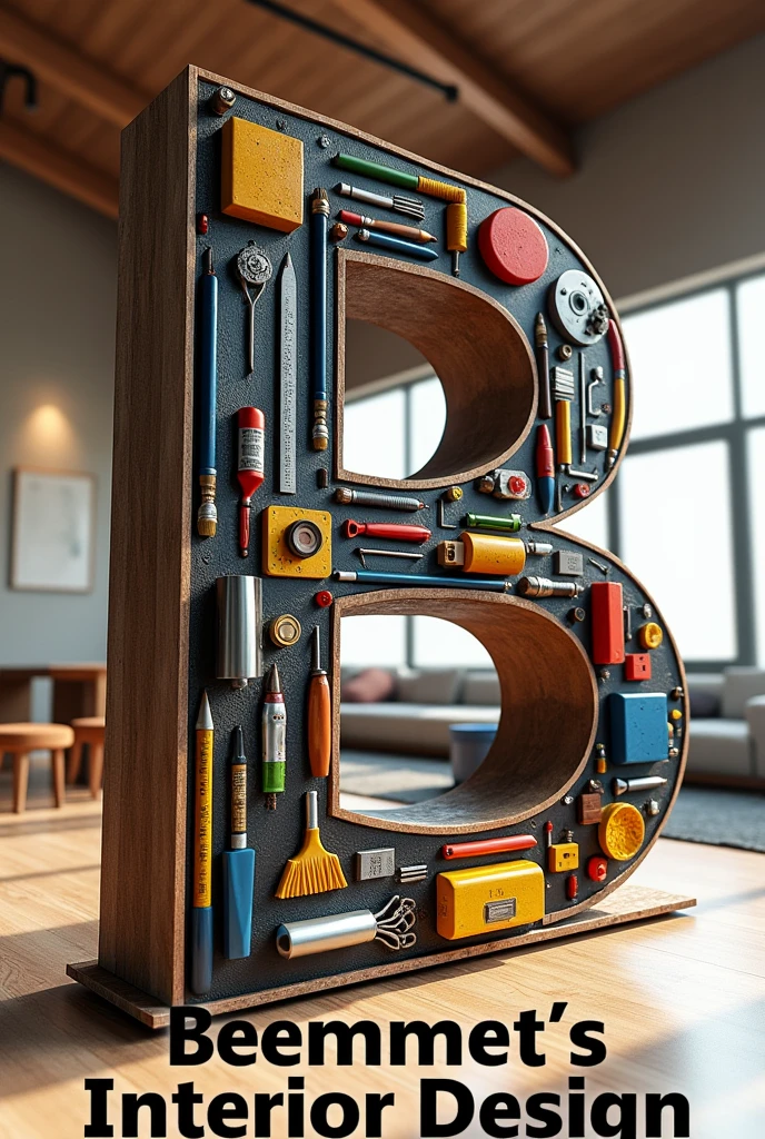 A huge tilted letter B  made out of "house building materials like brush,ruller,Pencil, Roller, safty golves,Googl eye glass",background inside view of well designed house with" ceiling ,lights ,designed walls,tables, sofas and table, write boldly "Beemnet's interior Design" at the bottom