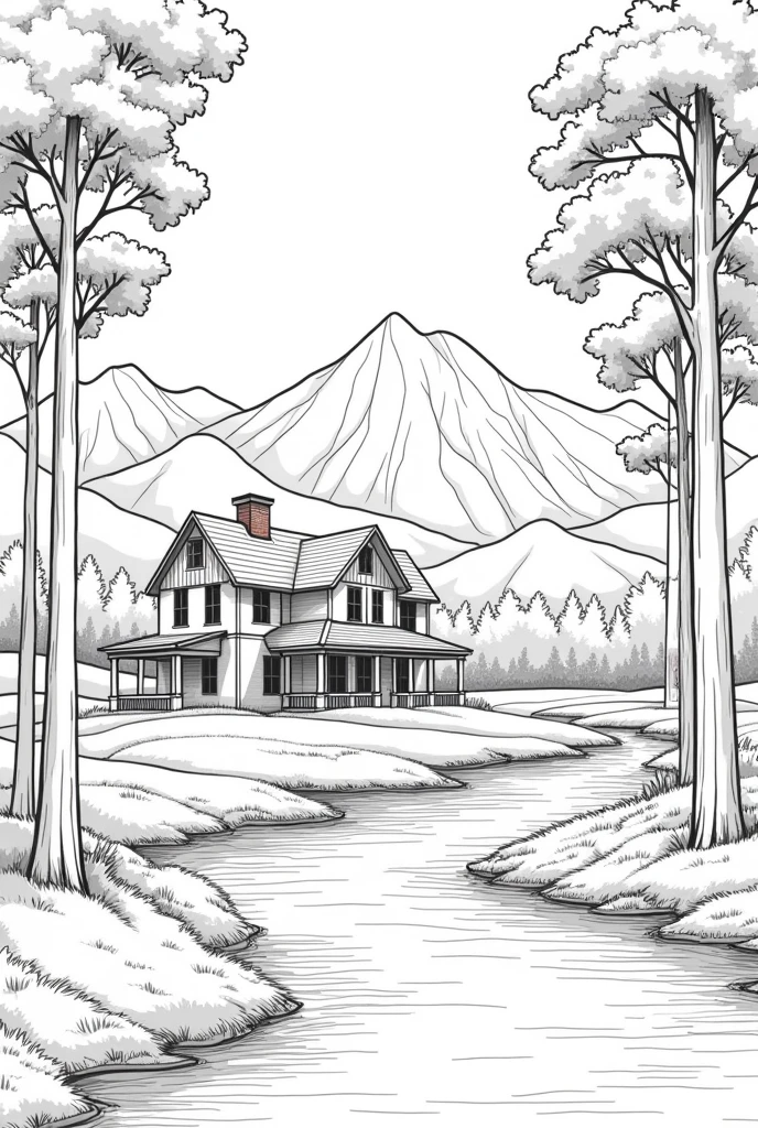 Landscape with a country house, trees, a river, mountains in the background, only outline of the drawing, black and white
