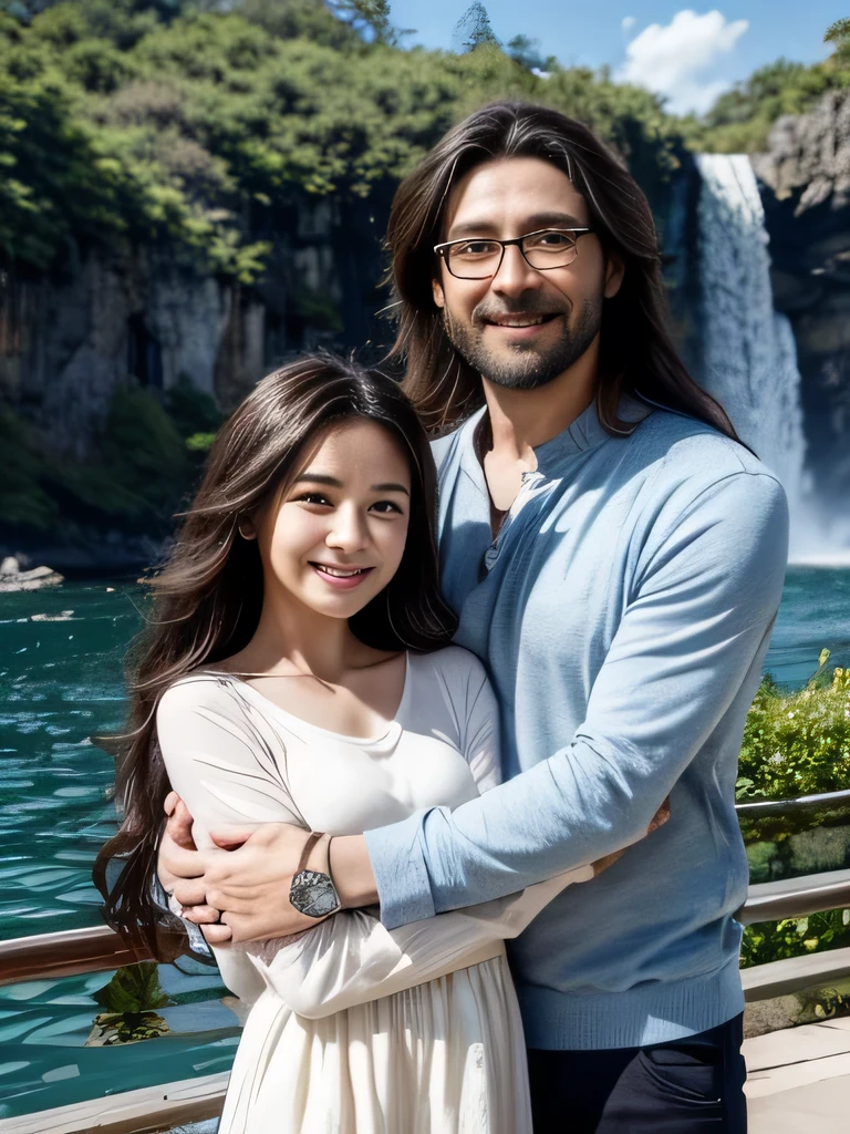 masterpiece, anime, cute, romantic, best quality, 2others, couple, mature, adult, height difference, different fashion, different color, casual clothes, long sleeves, smile, happy, love, swirling wind, blue sky, long haired man, light brown haired man, black haired woman, long haired woman, bespectacled woman, castle, waterfall