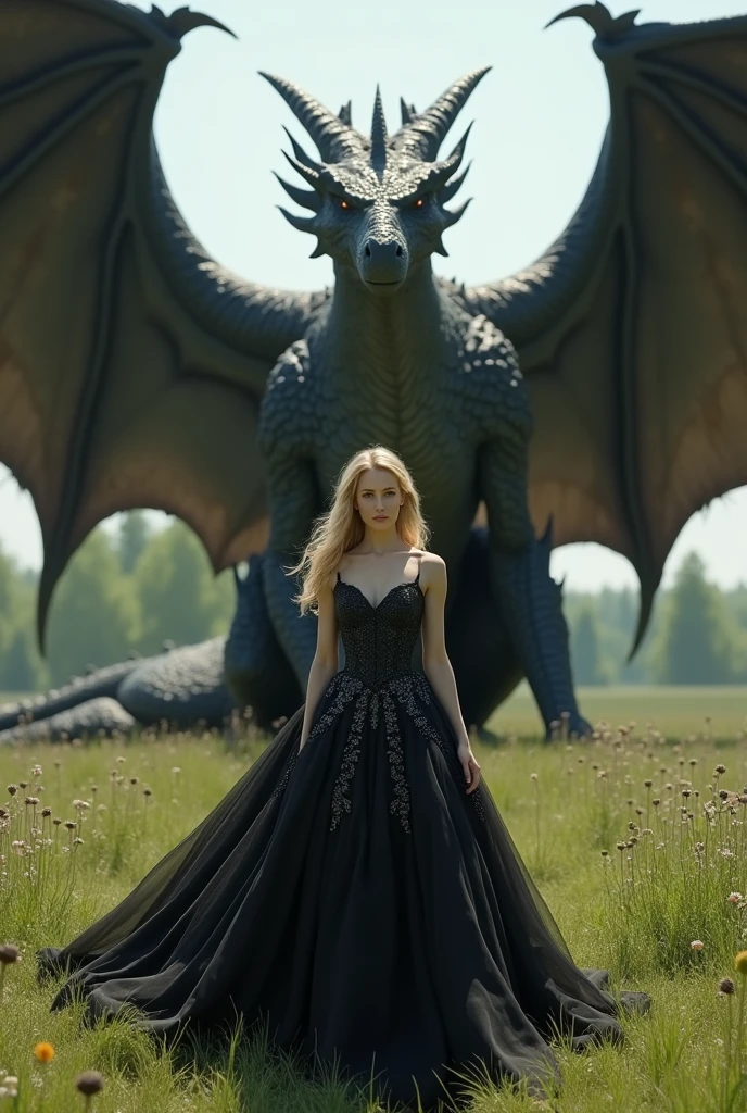 (photorealism:1.2), woman in a black ball gown, with blond hair, standing in front of a HUGE dragons, with it’s wings spread behind it, in a meadow