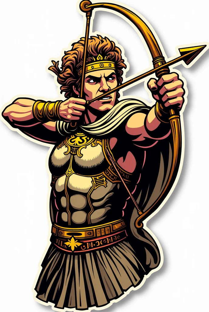 God Apollo wearing an armour and firing a bow and arrow. Make his face a little fierce and facing in front. Make it sticker-like with bold outline. It should be accurate as a logo. Don't put a background. He should be facing in front and make it brighter with touch of yellow. He should ba handsome also. Make it half body. Don't make cuts of other parts. It should be a full image. Make him look more god-like. Make it simple and comic style.
