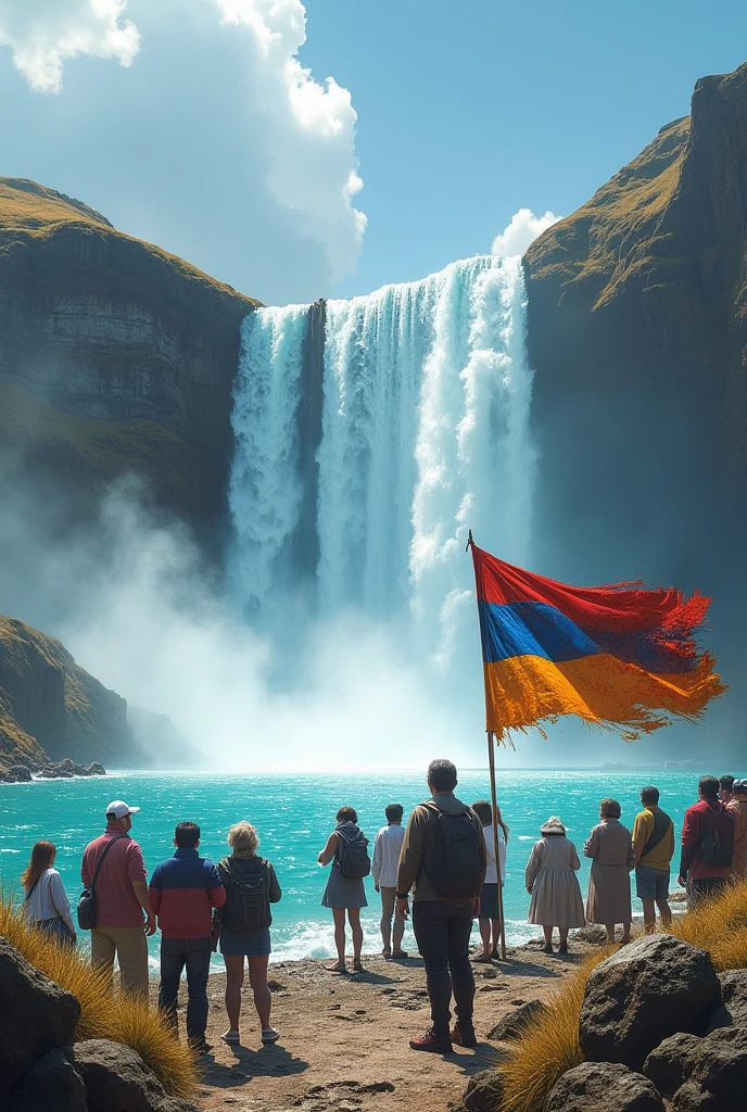 Huge Waterfall in in the sea.and tourists.and red,blue,yellow armenian flag on the floor with dirty brown stains