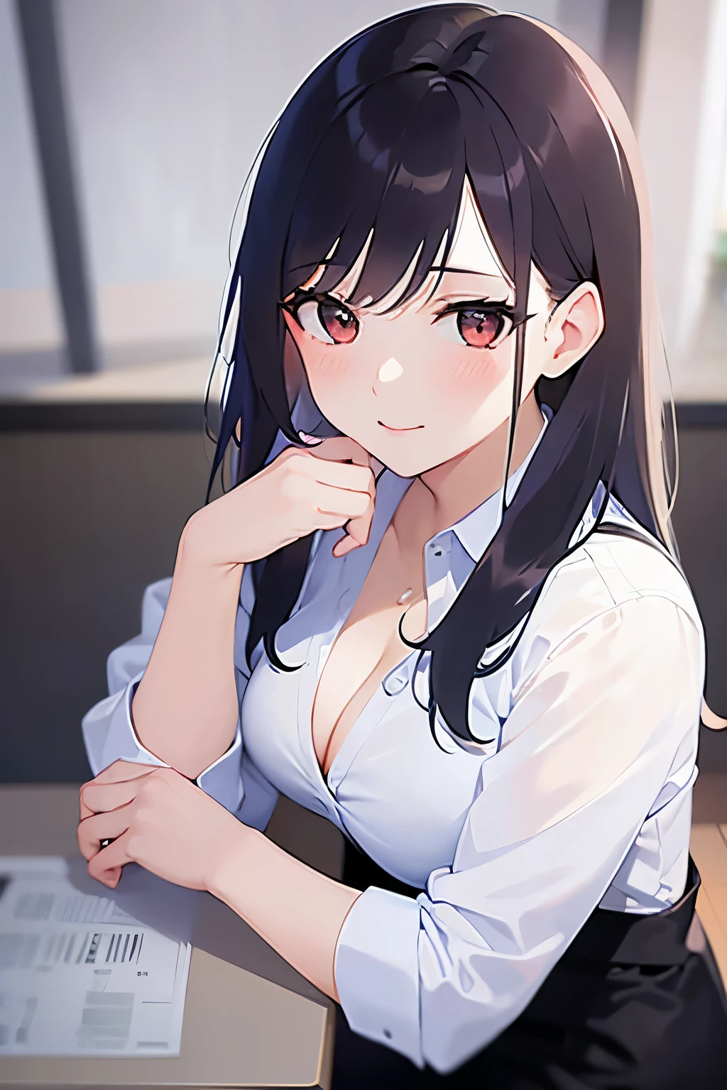leaning forward,Upper Body, Looking up、(finger to mouth:1.5)、hand on knees、 Realistic, real person, (pale skin: 1.2), RAW photo, photorealistic, shiny skin, shiny hair、(A 2 woman with medium-length hair and bangs) and (wavy hair) and (brown hair) and (orange eyes) , (Wearing a business suit:1.5) and (Wearing a white collared shirt)、 (Cleavage:1.5)、(blush:1.5),smile,The background is the conference room、(alone:1.5)