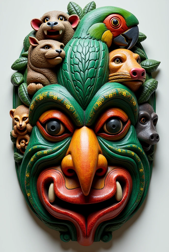 Costa Rican Boruca mask with a green macaw, Congo, manigordo, turtle and a wild boar inside the mask