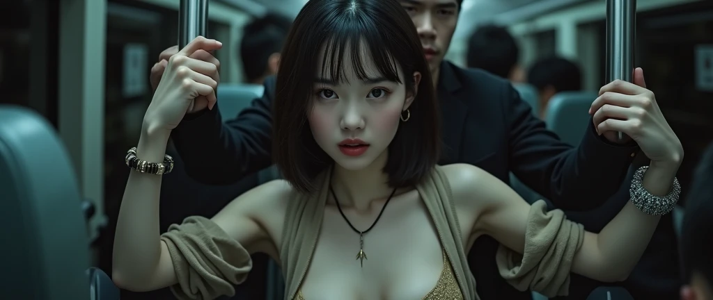 (32K:1.9, Horror depictions:1.9, Highest quality, masterpiece, Ultra-high resolution, Professional random angle camera work:1.5, Very detailedな肌と顔の質感:1.4), Always accurate, Very detailed, bag, (Cute Japanese Woman:1.3, Camisole dress and cardigan:1.6, Incredibly slim body:1.3, areola is not visible:1.4, Big breasts on the verge of collapse), ((Crowded bus:2.0, Crazy behavior:1.9, On the bus、Two young male high school students are hugging a woman from behind:1.7)), belt, Fair skin, elegant, sense of cleanliness, Thin eyebrows, (Surprised:1.0, Puzzled:1.0, A look that shows deep contempt for you:1.3, Big eyes that exude beautiful eroticism:0.4, Please open your mouth a little, lipstick, Feel the beautiful eroticism:1.0, Dark brown medium hair), Earrings, necklace, bracelet, romantic, mysterious, Object of admiration, original, dramatic, artistic, Innovative, charm, Heartful, Fancy, Tilt, sense of loss, special, ((exciting, Extreme, sense of openness, suffering, sufferingの表現)), ((Mistakes of Youth, 女性的なcharm))