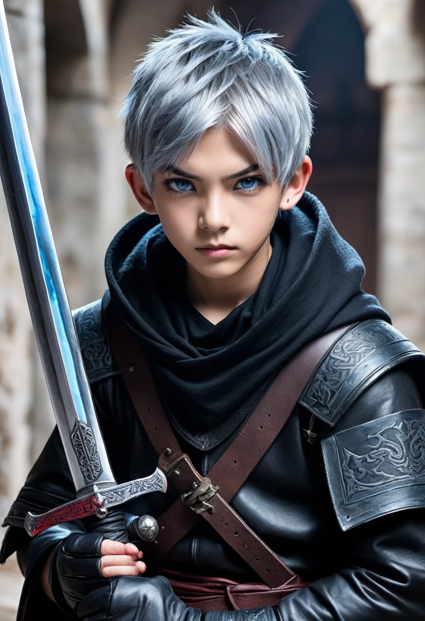 Short grey hair、Red Eyes、A fearless face、Black clothing with leather hood、Wearing gloves、Light blue tattoo of ancient characters on neck、Holding a medieval sword、 boy、One caucasican boy Swordsman、combat style