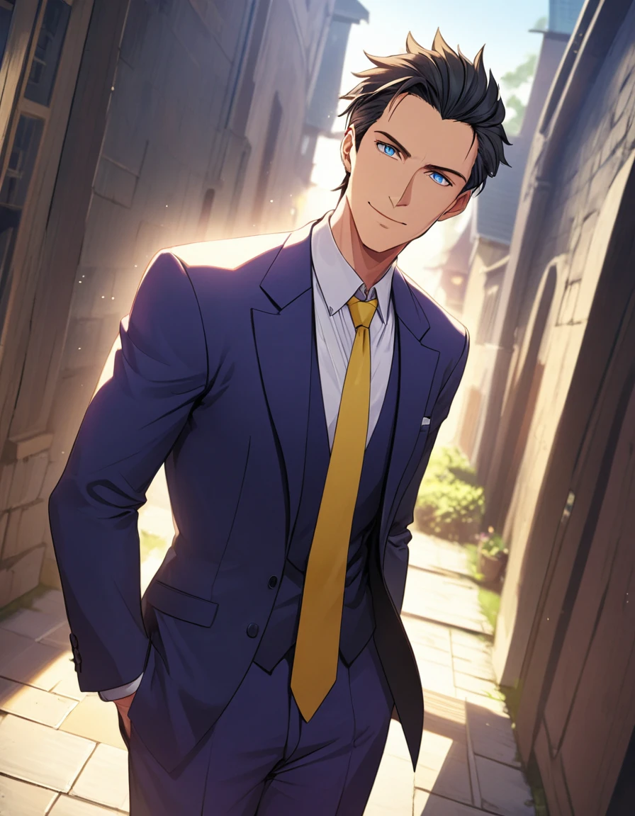 1man, (mature father in old hentai CG style, dandy president, moss olive hair, deepblue eyes, arafed spiky hair slicked back, businessman hairstyle), ideal ratio body proportions, BREAK (over 30s, elder producer, toned dilettante, high cheekbones, broad shoulder, square shaped face, handsome, beautiful detailed eyes, under 40s), BREAK (violet formal jacket, purplewhite shirt, yellow necktie, simple costume), BREAK solo, cool smile, smart emotion, BREAK upperlegs, romantic expression, 2000s, visual novel, in nitroplus style, BREAK depth of field, dutch angle, cinematic shadows, cinematic lighting, lens flare, light leaks, texture, absurdres absolutely resolution, extreme all detailed, greatest paint, BREAK masterpiece, best quality