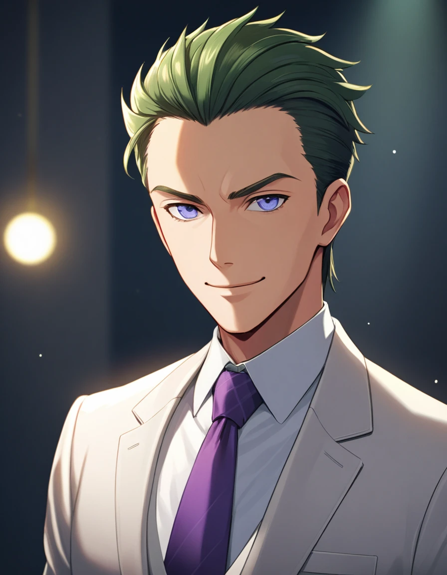 1man, (mature father in old hentai CG style, dandy president, moss olive hair, deepblue eyes, arafed spiky hair slicked back, businessman hairstyle), ideal ratio body proportions, BREAK (over 30s, elder producer, toned dilettante, high cheekbones, broad shoulder, square shaped face, handsome, beautiful detailed eyes, under 40s), BREAK (violet formal jacket, purplewhite shirt, yellow necktie, simple costume), BREAK solo, cool smile, smart emotion, BREAK upperlegs, romantic expression, 2000s, visual novel, in nitroplus style, BREAK depth of field, dutch angle, cinematic shadows, cinematic lighting, lens flare, light leaks, texture, absurdres absolutely resolution, extreme all detailed, greatest paint, BREAK masterpiece, best quality