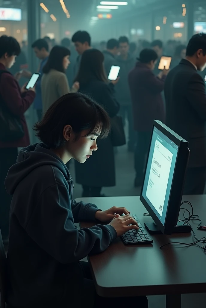 Person in front of a computer with a lonely expression, while around there are people with their devices, but without really interacting.