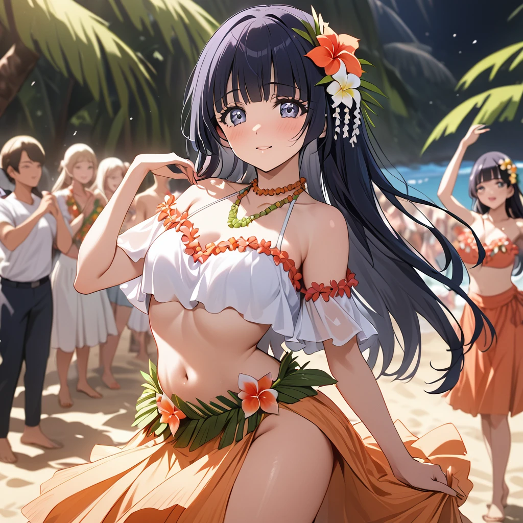 ((Highest quality)), ((masterpiece)), (detailed), (Perfect Face)、The woman is Reika Aoki with semi-long hair、A woman is dancing the hula dance attractively in a hula costume in Hawaii