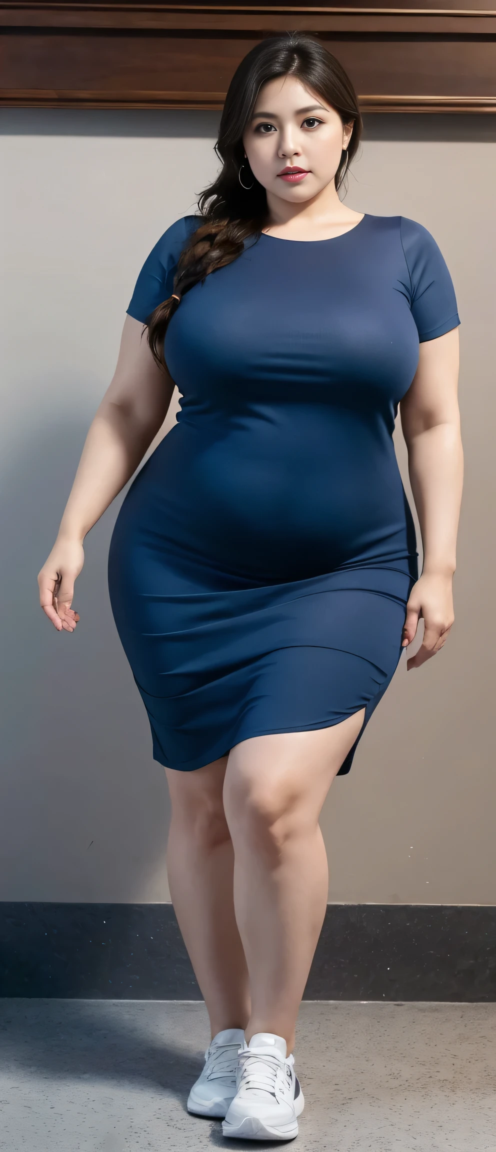 Chubby woman with fat belly and tight thighs, full body, 50-year-old mature woman, thick hips, thick neck, thick chest, big eyes, wearing a longest dress, wearing a sneakers