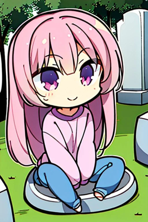 Perfect face. Perfect hands. A pink haired girl with violet eyes in a sweatshirt and jeans is sitting on a tombstone in the cemetery with a big smile