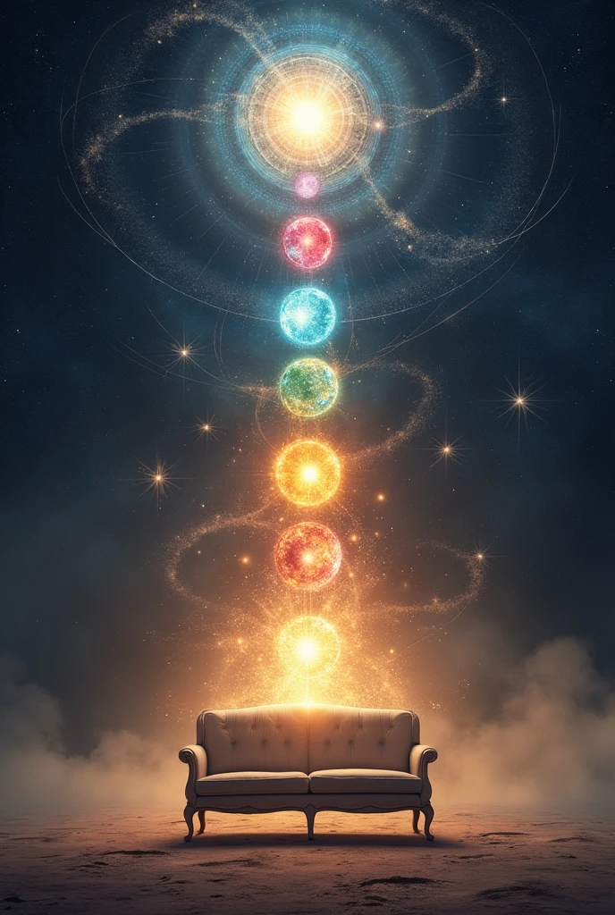 It represents a vast emptiness in the background, with a bright beam of light emerging from the center, symbolizing the **A sofa**. As the light expands, shows the ten sefirot as shining spheres floating in space, Each with a distinctive color and symbol. The transition from emptiness to creation can be marked by star explosions and abstract shapes that represent life..
