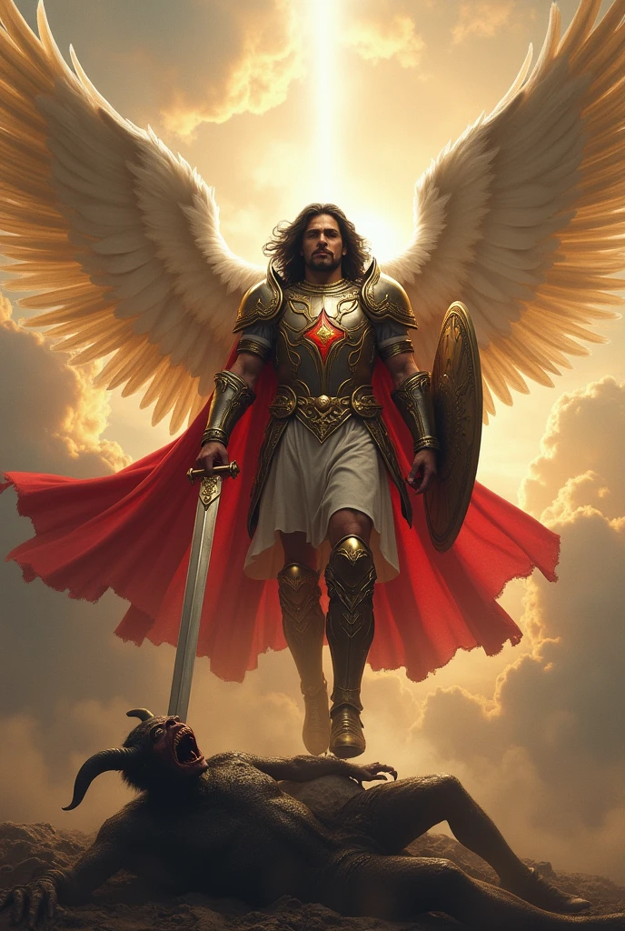 A BLACK-HAIRED ANGEL, CALLED MICHAEL WITH ARMOR AND RED CAPE, SWORD AND SHIELD DESCENDING FROM THE SKY STEPPING ON A DEMON'S HEAD