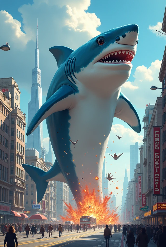 Shark dressed as a foot,getting bigger and bigger, destroying a city, with love, Digital art