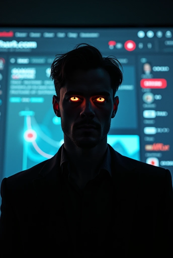 A charismatic man stands before a glowing screen, his eyes gleaming with calculated intent. He masterfully manipulates YouTube's algorithms, crafting content that draws in millions, not just with entertainment, but with a subtle power that dominates the minds of his audience. His voice, smooth yet commanding, weaves narratives that play on emotions, driving viewers deeper into his world. The numbers rise, the influence grows, and behind every click lies a grander scheme—a silent domination of the digital space. Shadows flicker across his face as he plans his next move, knowing each decision pulls the strings of an audience he's trained to follow his lead.