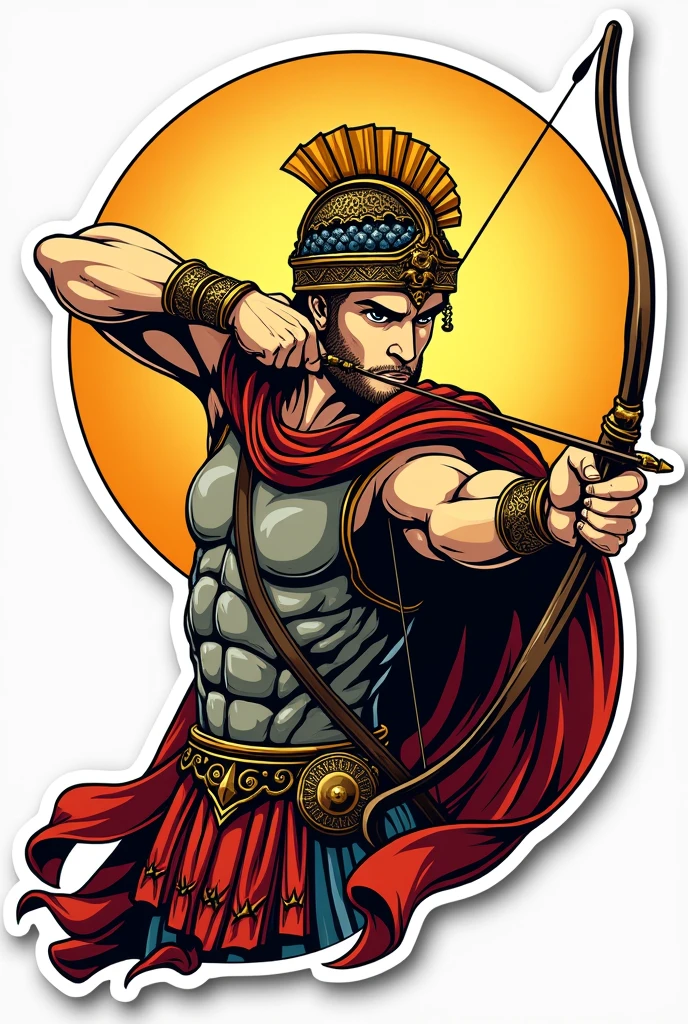 God Apollo wearing an armour and firing a bow and arrow. Make his face a little fierce and facing in front. Make it sticker-like with bold outline. It should be accurate as a logo. Don't put a background. He should be facing in front and make it brighter with touch of yellow. He should ba handsome also. Make it half body. Don't make cuts of other parts. It should be a full image. Make him look more god-like. Make it simple and comic style.