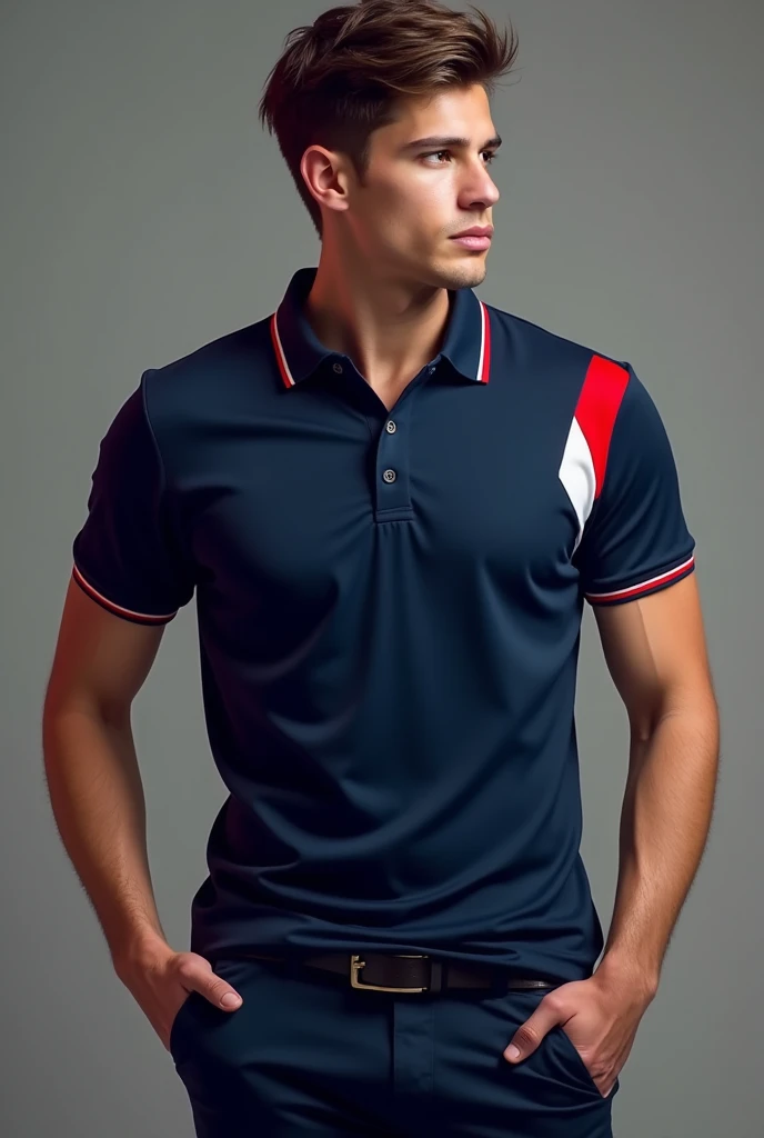 Polo shirt for student promotion with the main color navy blue, that has details of blood red and white colors, short sleeve, modern, show shoulder in profile