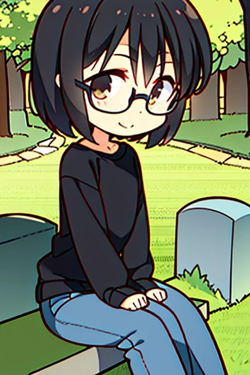 Perfect face. Perfect hands. A black haired boy with light brown eyes and short hair and glasses in a sweatshirt and jeans is sitting on a tombstone in the cemetery with a big smile
