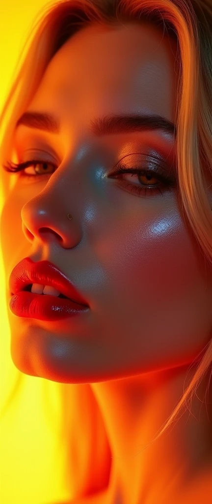 Karina Kapoor sexy face makeup face blonde hair neon yellow eyes red lips glossy lips