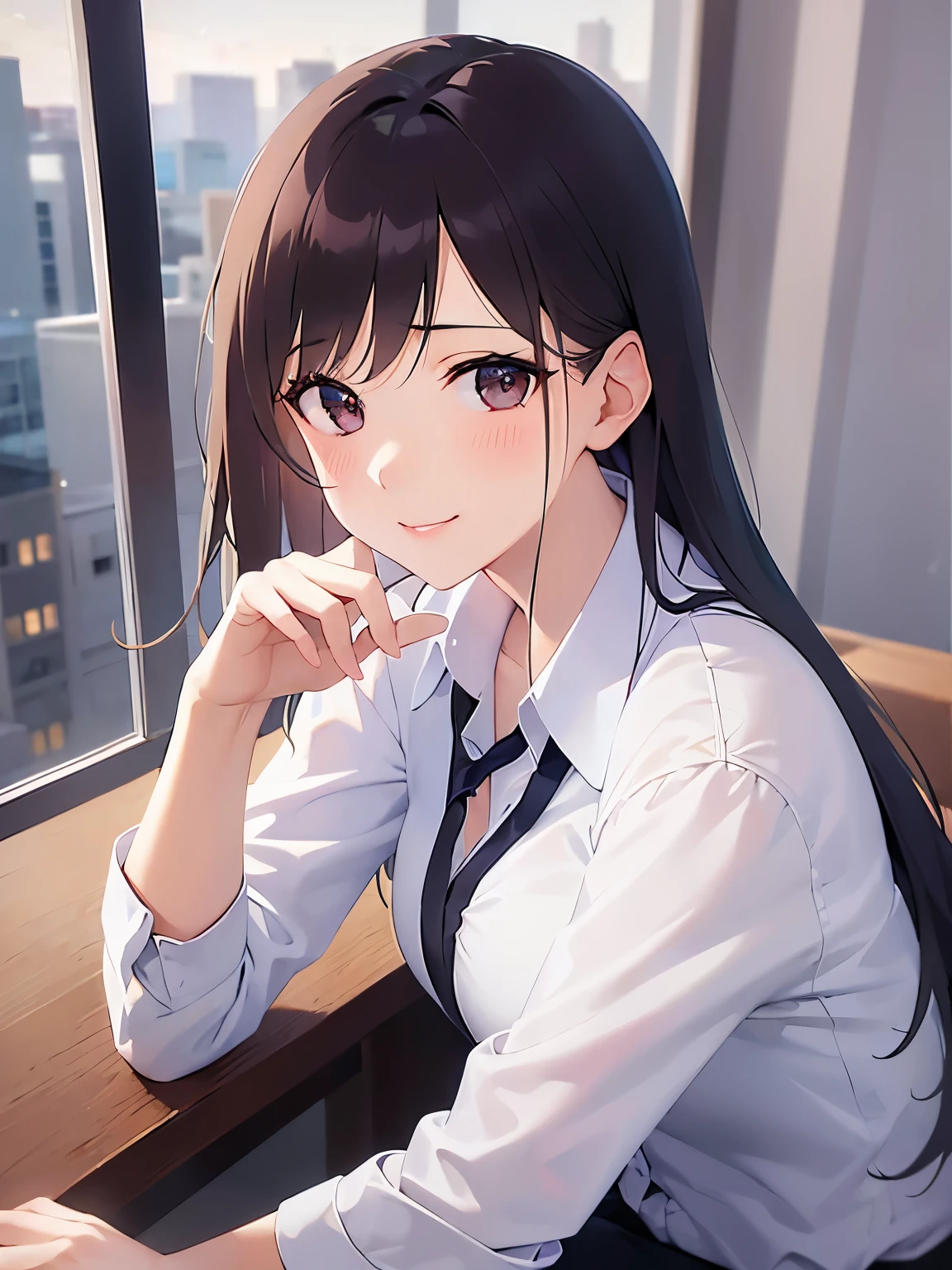 leaning forward,Upper Body, （finger to mouth：1.5）、hand on knees、 Realistic, real person, (pale skin: 1.2), RAW photo, photorealistic, shiny skin, shiny hair、(A 2 woman with medium-length hair and bangs) and (wavy hair) and (brown hair) and (orange eyes) , (Wearing a business suit:1.5) and (Wearing a white collared shirt)、 （Cleavage：1.5）、(blush:1.5),smile,The background is the conference room、(alone:1.5)