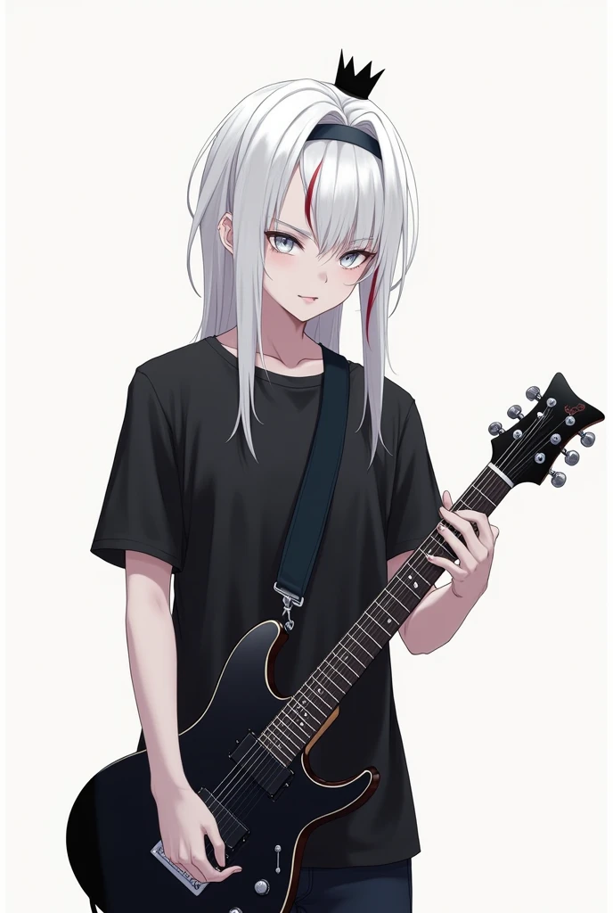 Create a profile picture of an anime style avatar with white hair, a small lock of red hair, a small black crown, a black t-shirt, pale skin, white eyes, black pants, and an electric guitar. 