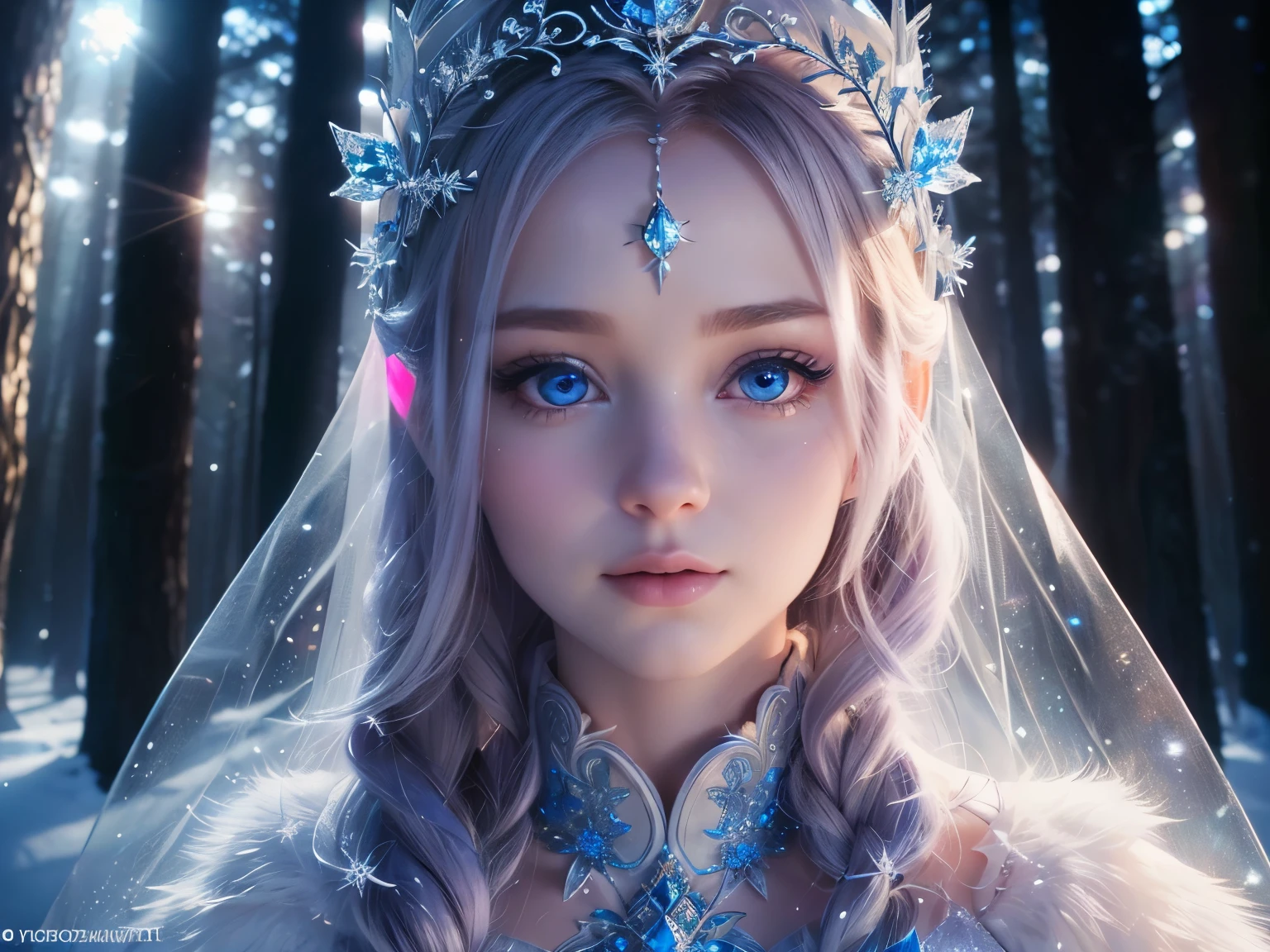 a snowy enchanted forest, magical winter wonderland, 1girl, beautiful detailed eyes, beautiful detailed lips, extremely detailed face and eyes, long eyelashes, whimsical fairy, ornate fantasy dress, (best quality,4k,8k,highres,masterpiece:1.2),ultra-detailed,(realistic,photorealistic,photo-realistic:1.37),intricate icy crystals, sparkling snowflakes, glowing aurora borealis, warm lighting, vibrant colors, digital painting