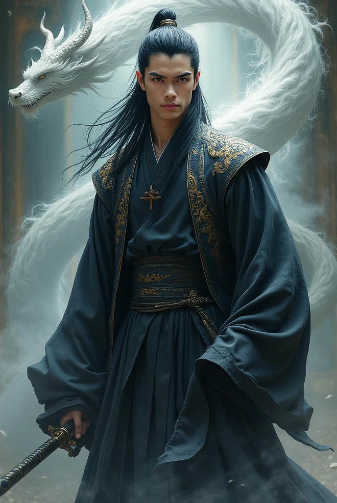 Brown eyed boy with sword, long black hair, God half demon full body black Hanfu 20 years old and above,There is dragon-shaped smoke behind you