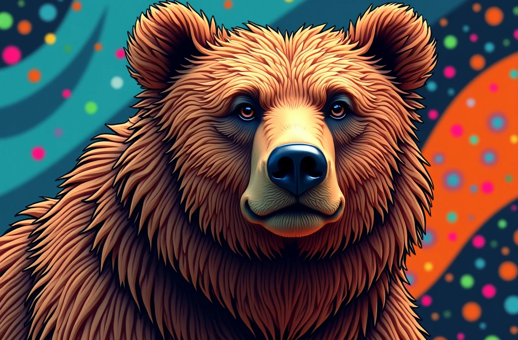 a large brown bear, detailed fur, detailed facial features, photorealistic, intricate pattern background, colorful, vibrant, digital art, 8k, hyper detailed, studio lighting, unreal engine, trending on artstation, highly detailed, 4k